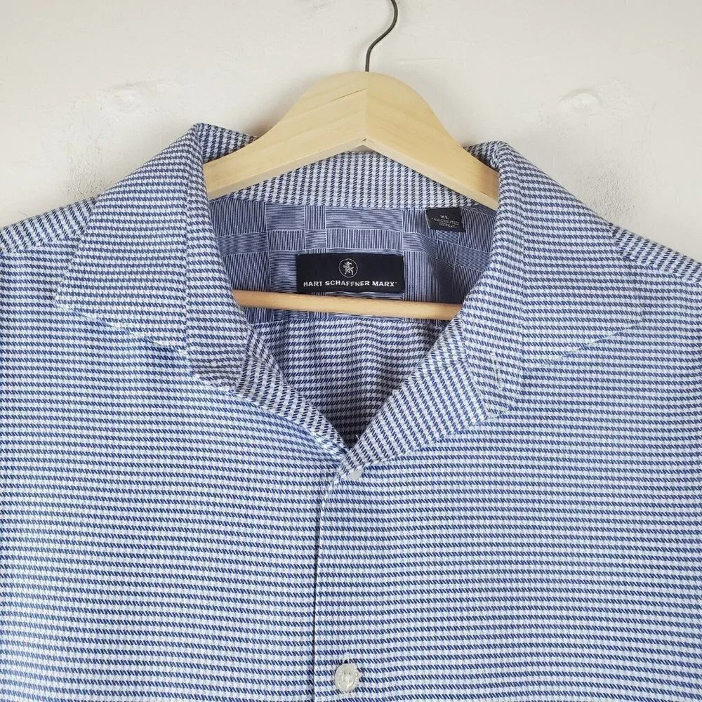 Hart Schaffner Marx Button Up Dress Shirt Mens XL Blue Puppytooth Long‎ Sleeve